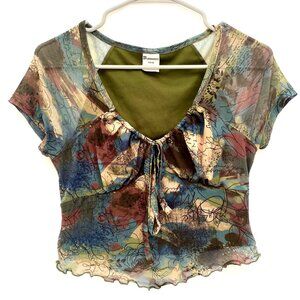 Y2K Womens Coquette Babydoll Mesh Top Size S Cropped Keyhole Whimsigoth Fairy